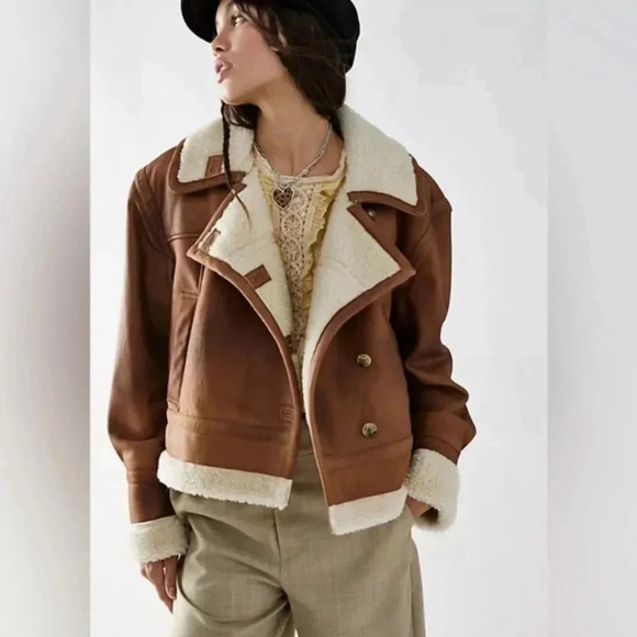 NWT Free People Fox Trot Moto Leather Jacket Sherpa Fleece Brown We The Free - Picture 1 of 17